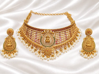 Traditional Temple Gold-Plated Choker & Drop Earring Set