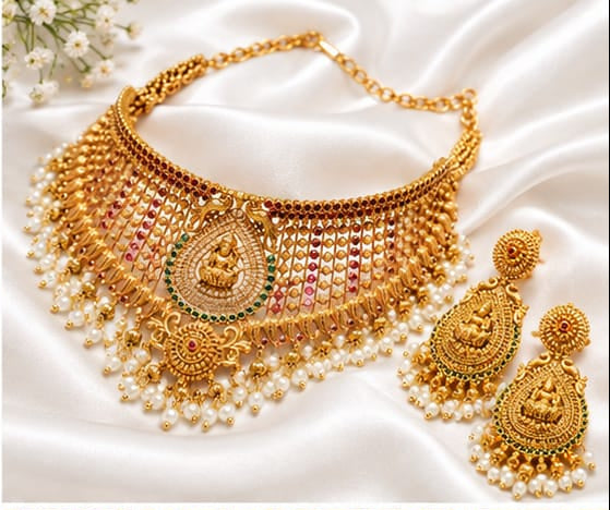 Traditional Temple Gold-Plated Choker & Drop Earring Set