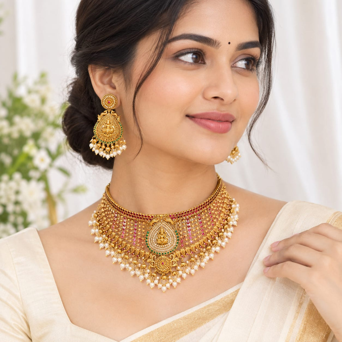 Traditional Temple Gold-Plated Choker & Drop Earring Set