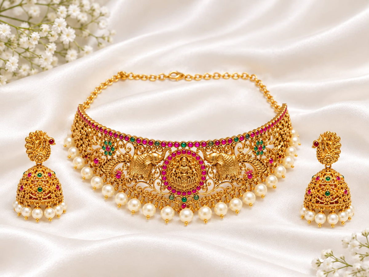 Exquisite Antique Gold-Plated Goddess Lakshmi Choker Set with Matching Peacock Jhumkas