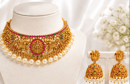 Exquisite Antique Gold-Plated Goddess Lakshmi Choker Set with Matching Peacock Jhumkas