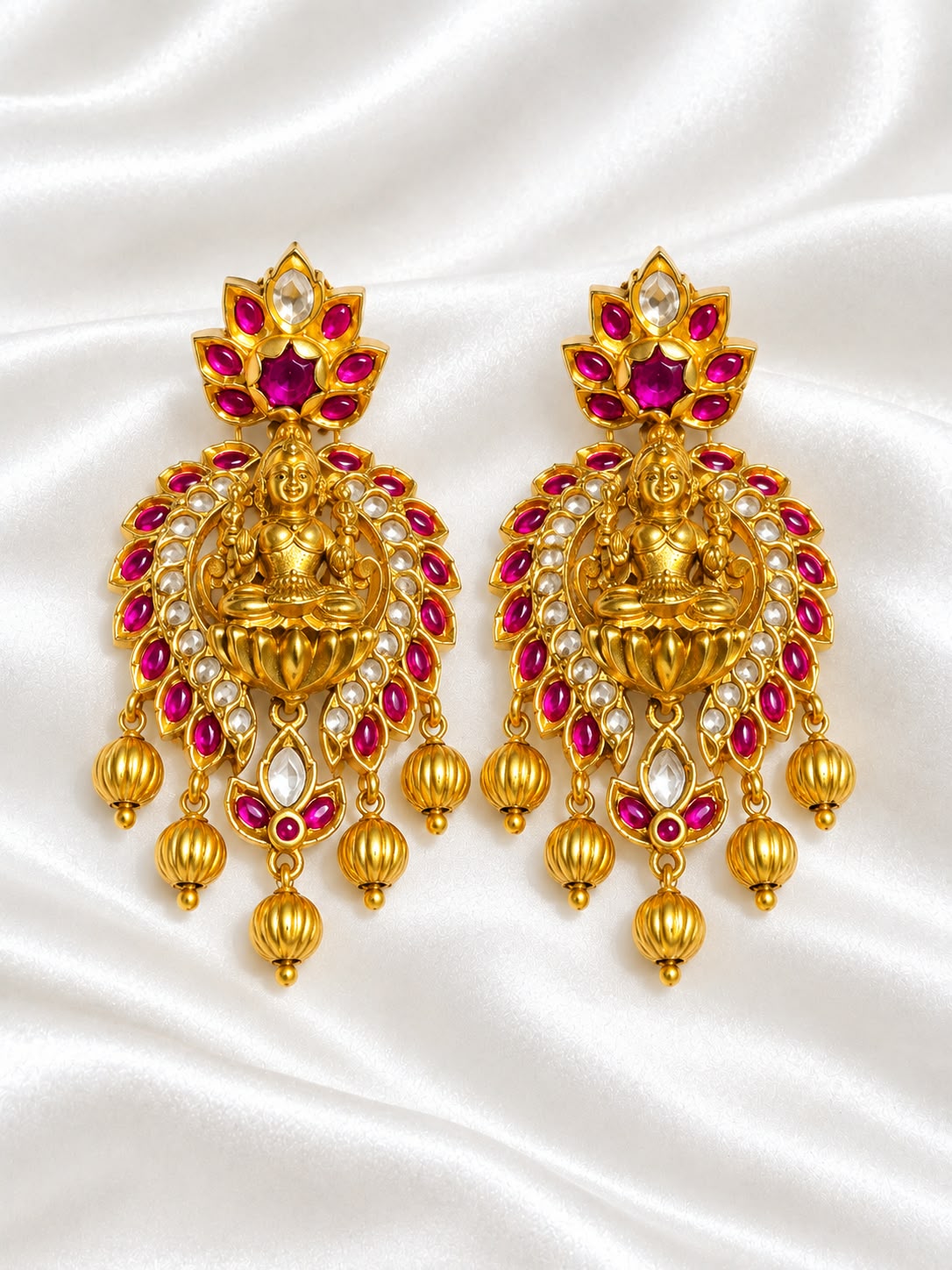 Handcrafted Temple Style Lakshmi Statement Earrings with Ruby Kemp Stones & Fluted Gold Beads