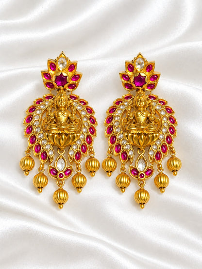 Handcrafted Temple Style Lakshmi Statement Earrings with Ruby Kemp Stones & Fluted Gold Beads