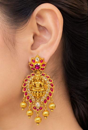 Handcrafted Temple Style Lakshmi Statement Earrings with Ruby Kemp Stones & Fluted Gold Beads