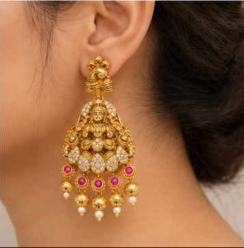 Antique Gold-Plated Lakshmi & Peacock Temple Dangler Earrings