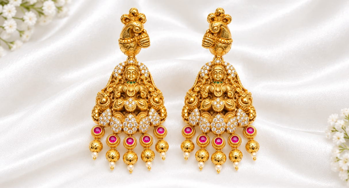Antique Gold-Plated Lakshmi & Peacock Temple Dangler Earrings