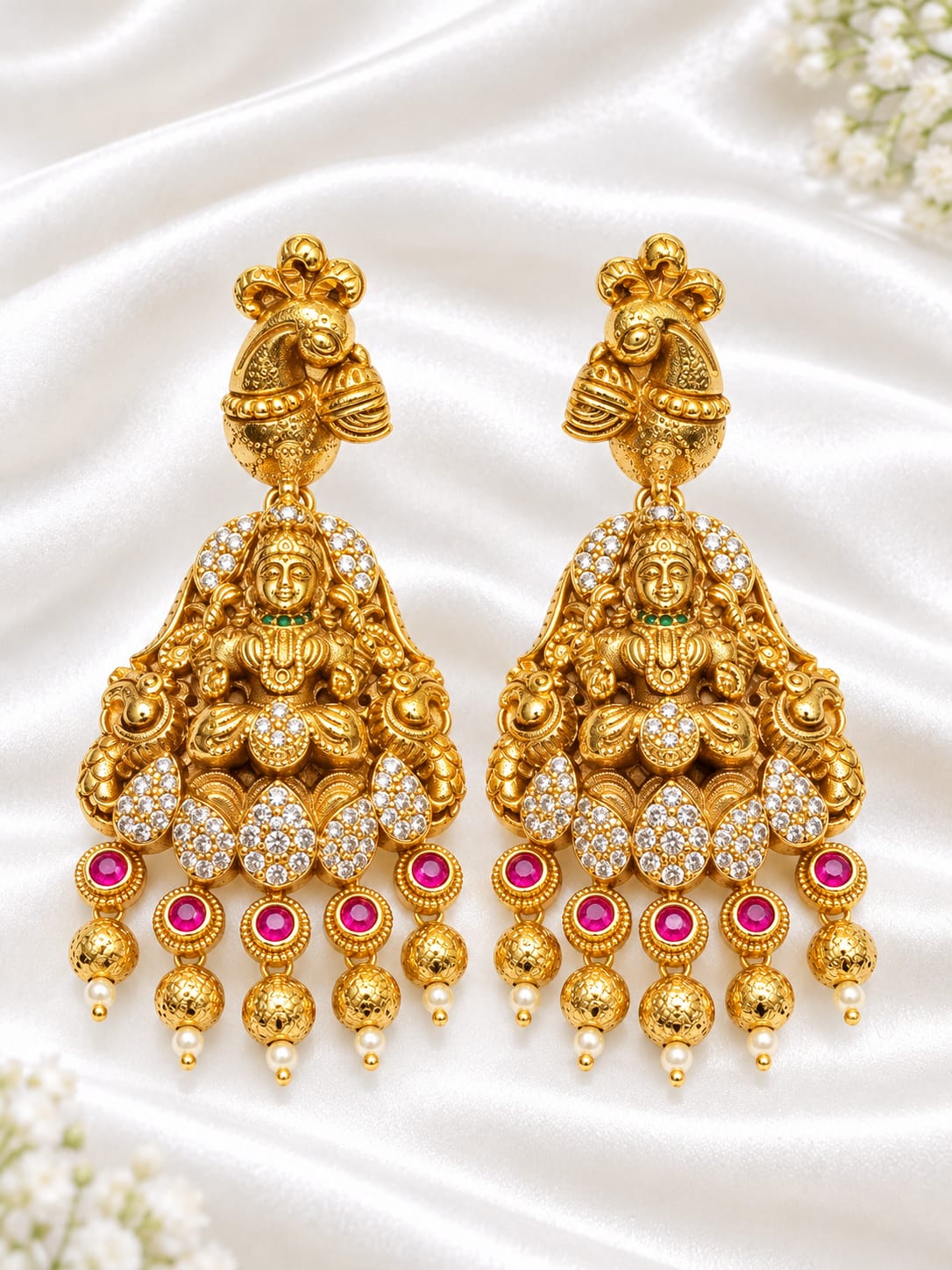 Antique Gold-Plated Lakshmi & Peacock Temple Dangler Earrings