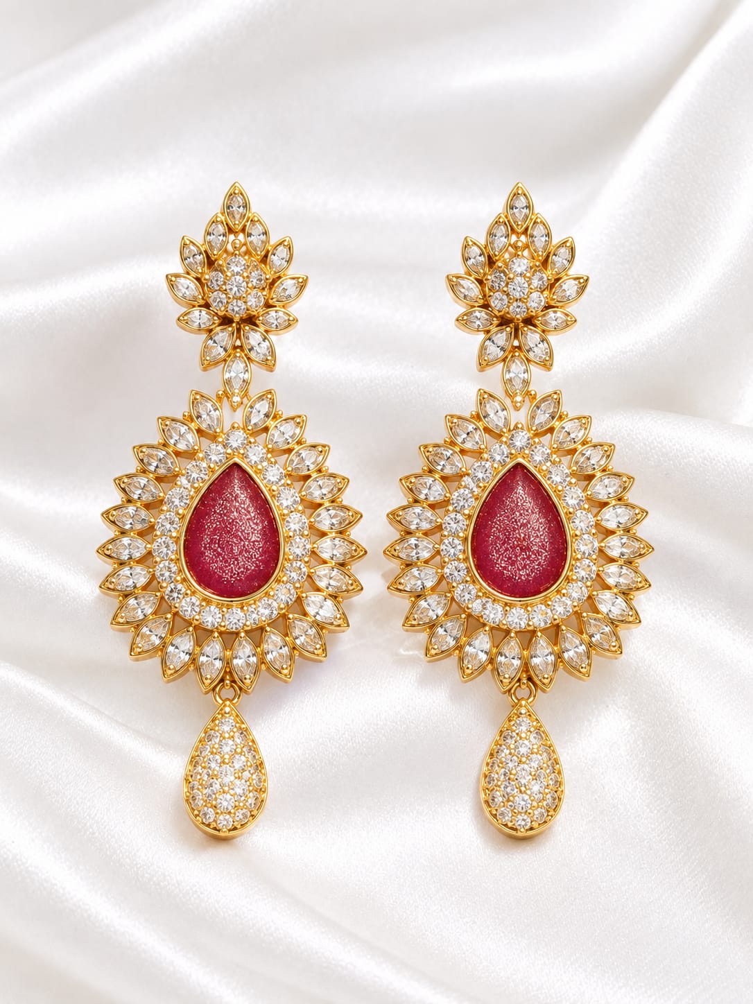 Elegant Gold-Plated Teardrop Statement Earrings with Shimmering Crimson Stone & CZ Accents