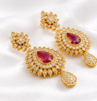 Elegant Gold-Plated Teardrop Statement Earrings with Shimmering Crimson Stone & CZ Accents