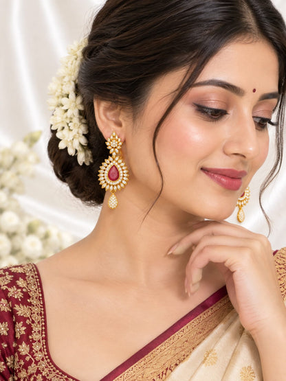 Elegant Gold-Plated Teardrop Statement Earrings with Shimmering Crimson Stone & CZ Accents