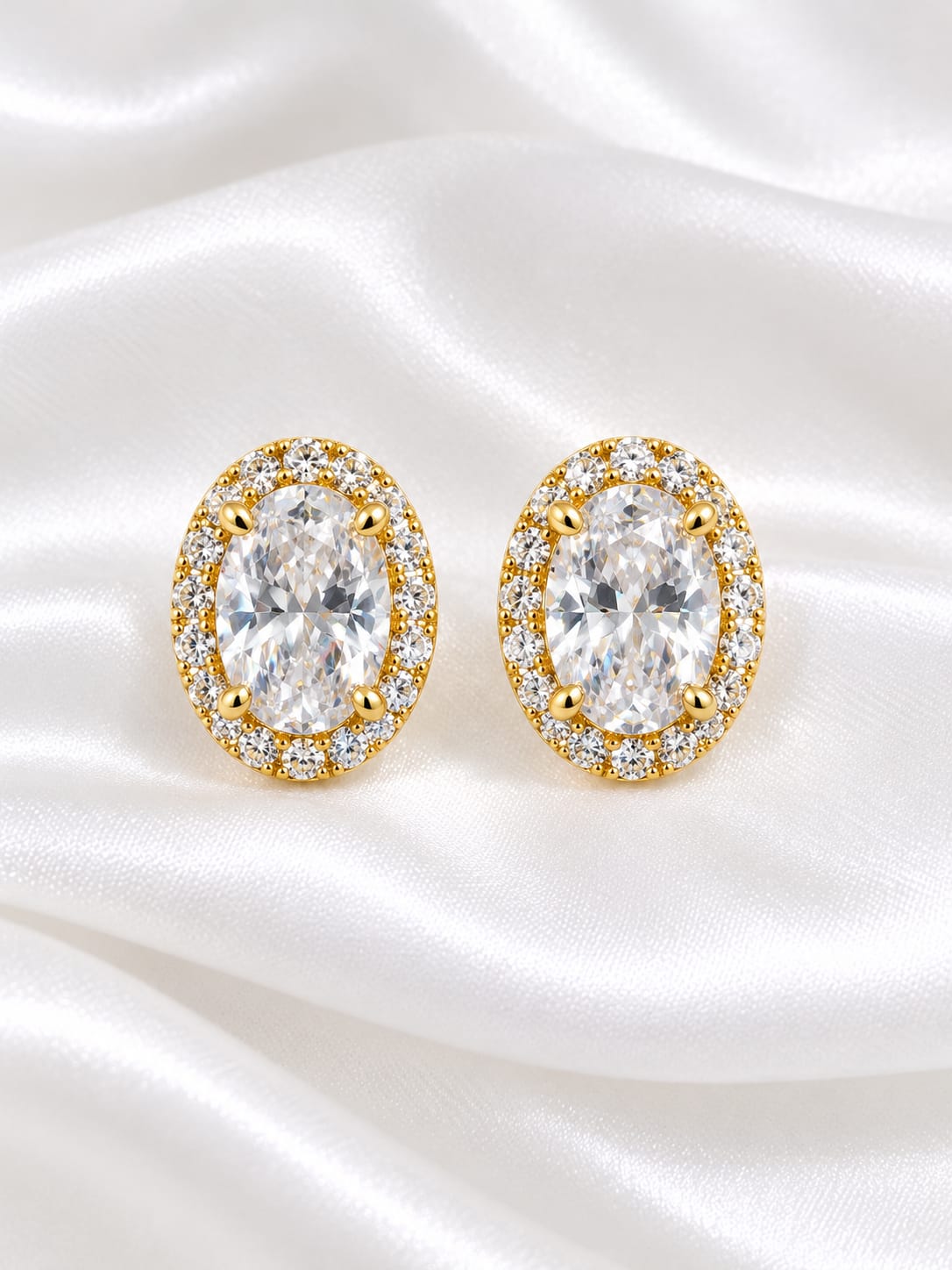 Sparkling Oval Cut Cubic Zirconia Halo Studs – Gold Finish