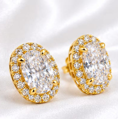 Sparkling Oval Cut Cubic Zirconia Halo Studs – Gold Finish