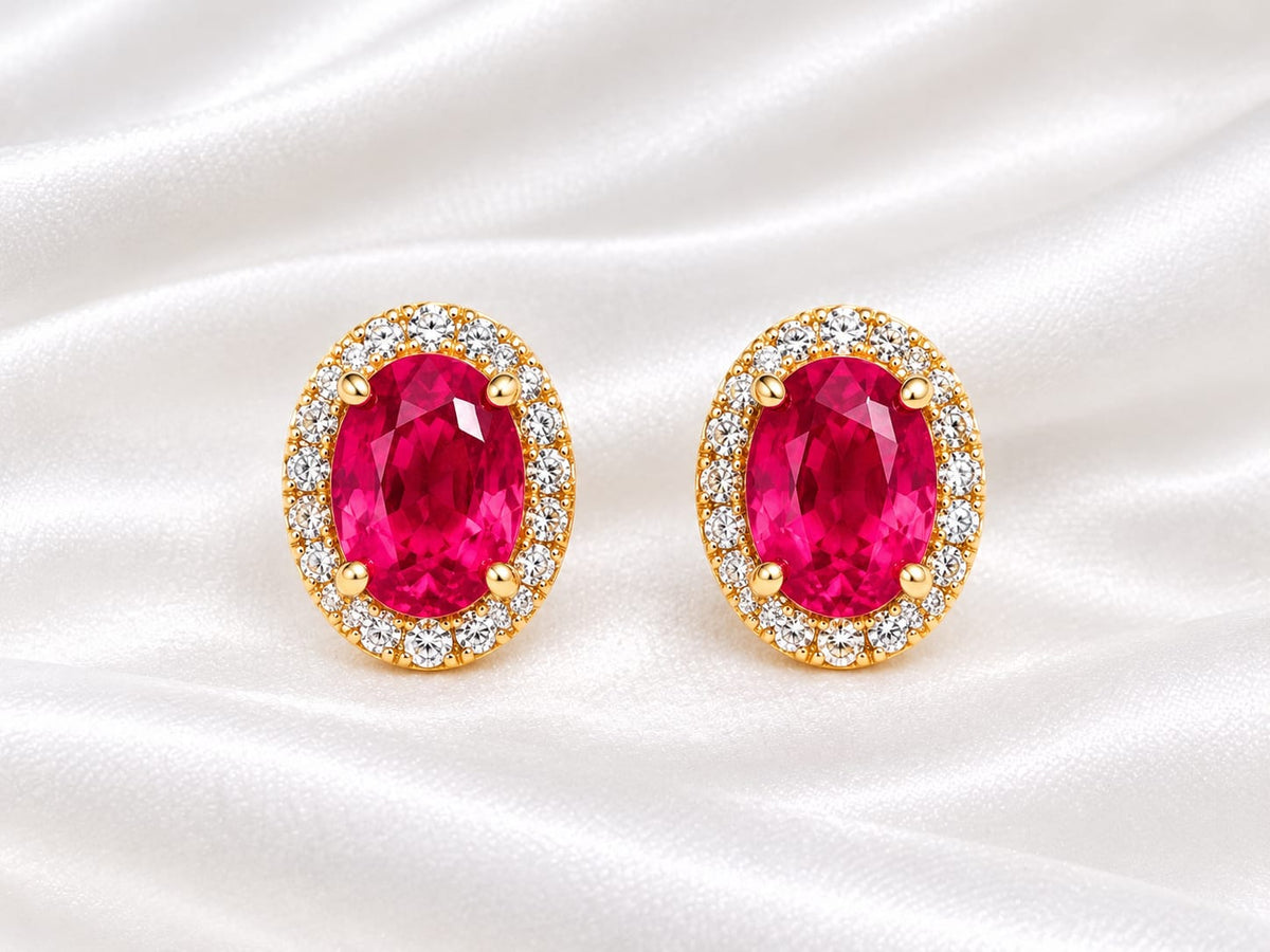 Oval Ruby- Pink  & Cubic Zirconia Gold-Tone Halo Stud Earrings