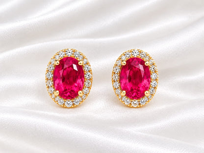 Oval Ruby- Pink  & Cubic Zirconia Gold-Tone Halo Stud Earrings