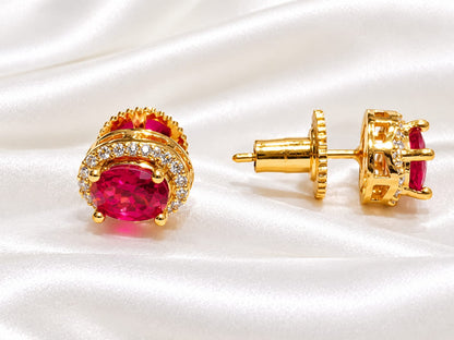 Oval Ruby- Pink  & Cubic Zirconia Gold-Tone Halo Stud Earrings