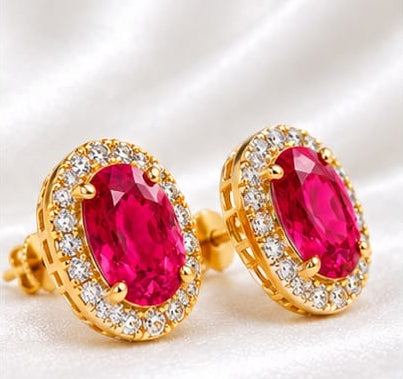 Oval Ruby- Pink  & Cubic Zirconia Gold-Tone Halo Stud Earrings