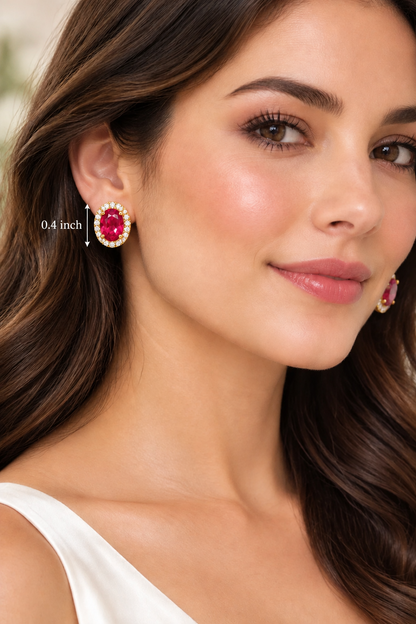 Oval Ruby- Pink  & Cubic Zirconia Gold-Tone Halo Stud Earrings