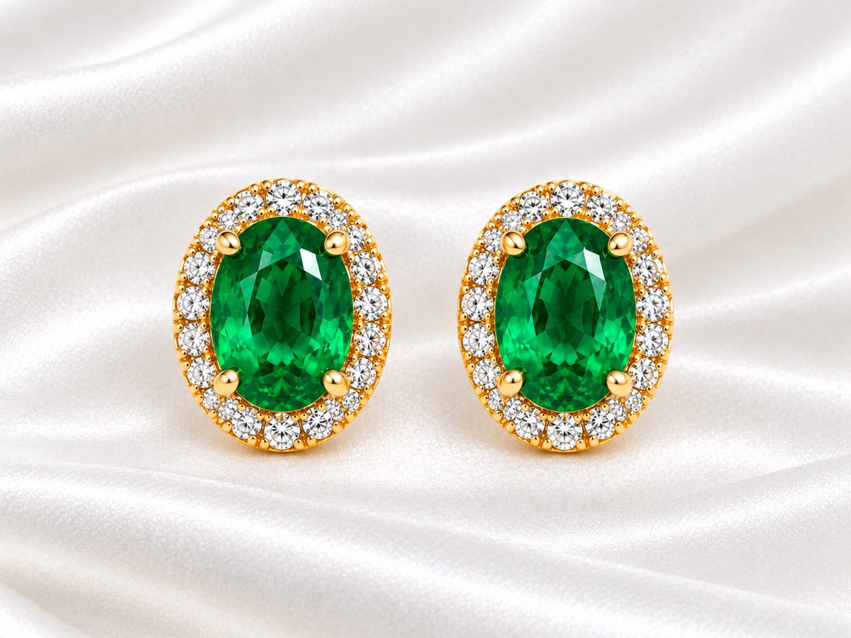 Oval Emerald-Green & Cubic Zirconia Halo Stud Earrings
