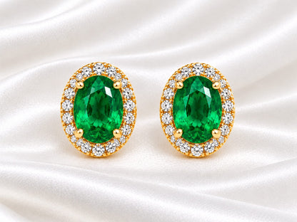 Oval Emerald-Green & Cubic Zirconia Halo Stud Earrings