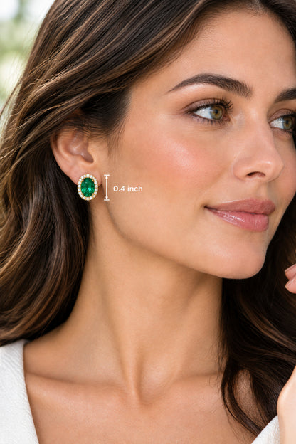 Oval Emerald-Green & Cubic Zirconia Halo Stud Earrings
