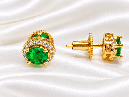 Oval Emerald-Green & Cubic Zirconia Halo Stud Earrings