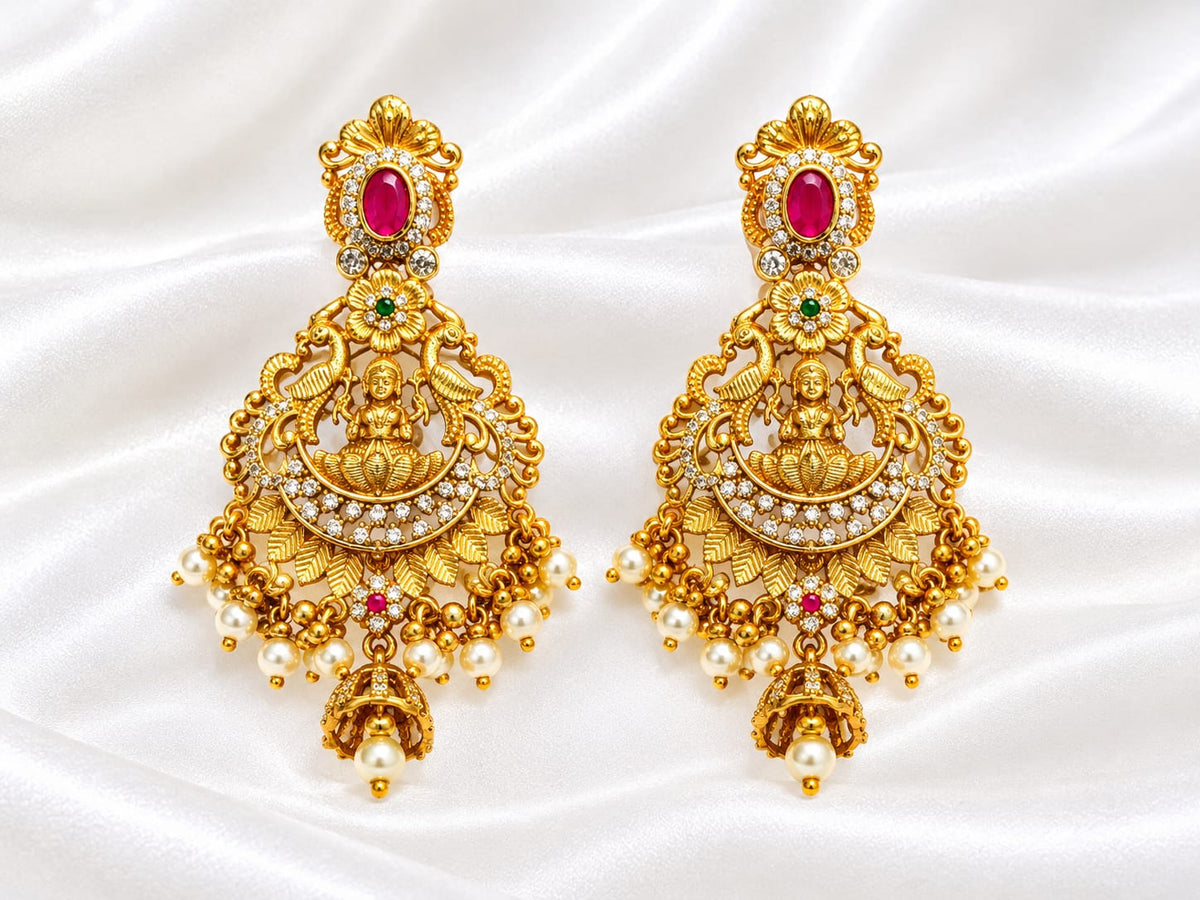 Traditional Temple Jewelry Lakshmi & Peacock Chandbali Drop Earrings