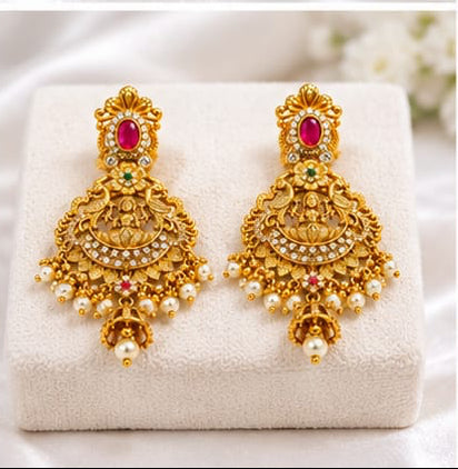 Traditional Temple Jewelry Lakshmi & Peacock Chandbali Drop Earrings