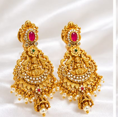 Traditional Temple Jewelry Lakshmi & Peacock Chandbali Drop Earrings