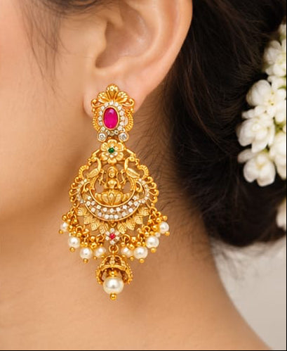 Traditional Temple Jewelry Lakshmi & Peacock Chandbali Drop Earrings