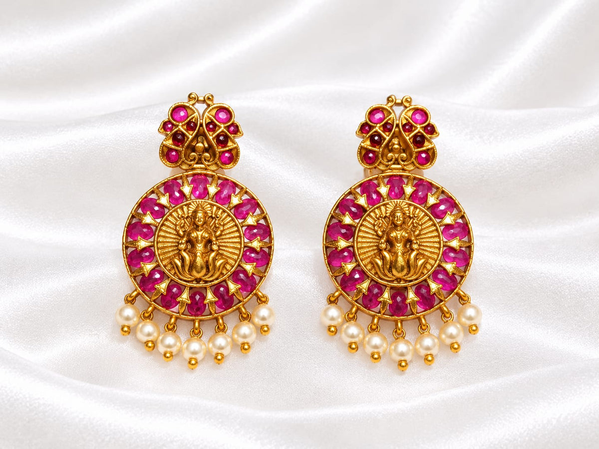 Antique Gold Goddess Lakshmi Circular Drop Earrings with Ruby Kemp Halo & Pearl Drops