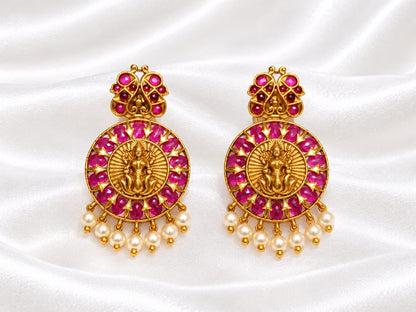 Antique Gold Goddess Lakshmi Circular Drop Earrings with Ruby Kemp Halo & Pearl Drops