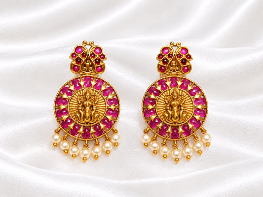 Antique Gold Goddess Lakshmi Circular Drop Earrings with Ruby Kemp Halo & Pearl Drops