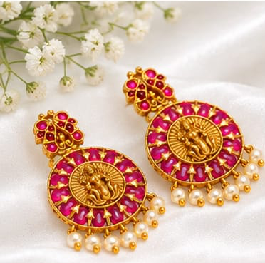 Antique Gold Goddess Lakshmi Circular Drop Earrings with Ruby Kemp Halo & Pearl Drops