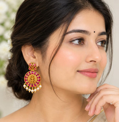 Antique Gold Goddess Lakshmi Circular Drop Earrings with Ruby Kemp Halo & Pearl Drops
