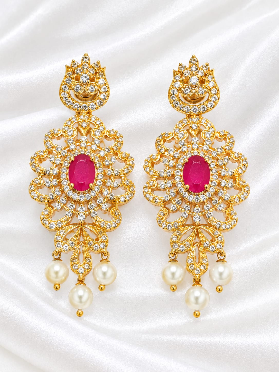 Regal Gold-Plated CZ & Oval Ruby Statement Chandelier Earrings with Pearl Drops
