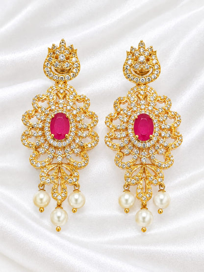 Regal Gold-Plated CZ & Oval Ruby Statement Chandelier Earrings with Pearl Drops