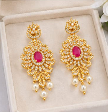 Regal Gold-Plated CZ & Oval Ruby Statement Chandelier Earrings with Pearl Drops