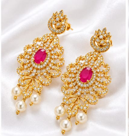 Regal Gold-Plated CZ & Oval Ruby Statement Chandelier Earrings with Pearl Drops