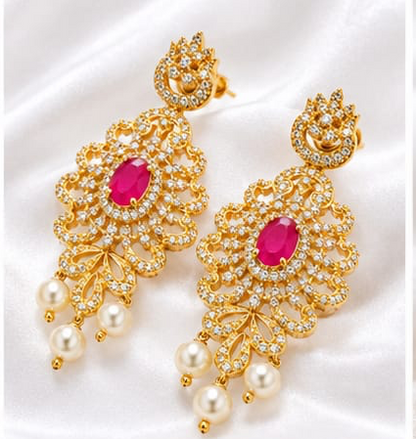 Regal Gold-Plated CZ & Oval Ruby Statement Chandelier Earrings with Pearl Drops