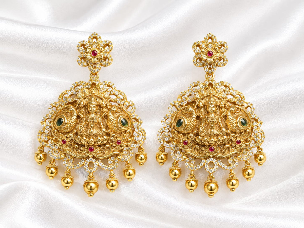 Traditional Temple Jewelry Lakshmi Chandbali Earrings with CZ Accents & Ghungroo Drops