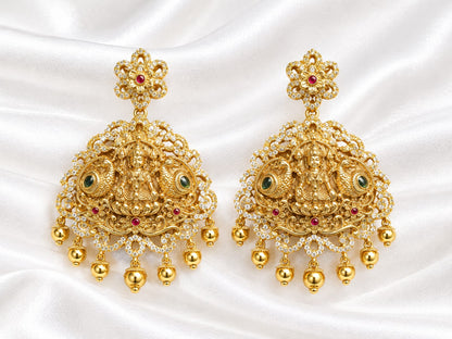 Traditional Temple Jewelry Lakshmi Chandbali Earrings with CZ Accents & Ghungroo Drops