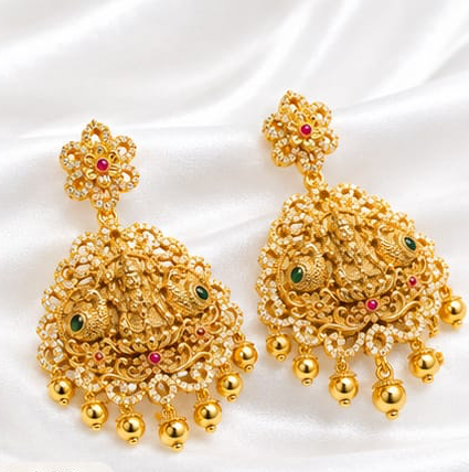 Traditional Temple Jewelry Lakshmi Chandbali Earrings with CZ Accents & Ghungroo Drops