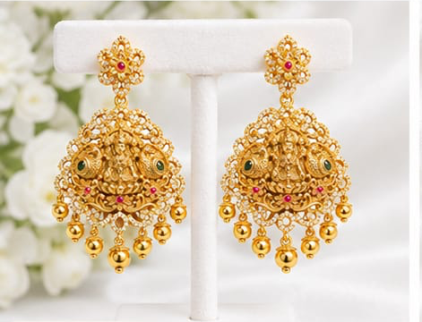 Traditional Temple Jewelry Lakshmi Chandbali Earrings with CZ Accents & Ghungroo Drops