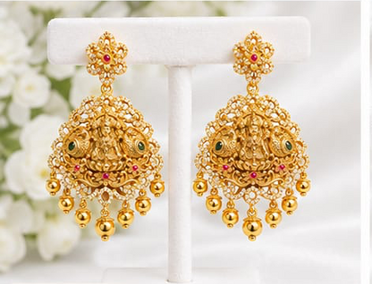 Traditional Temple Jewelry Lakshmi Chandbali Earrings with CZ Accents & Ghungroo Drops