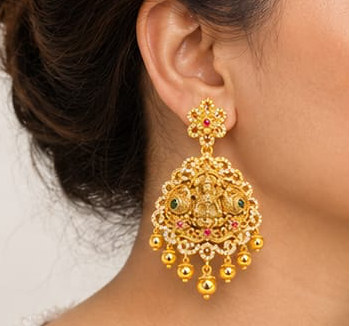Traditional Temple Jewelry Lakshmi Chandbali Earrings with CZ Accents & Ghungroo Drops
