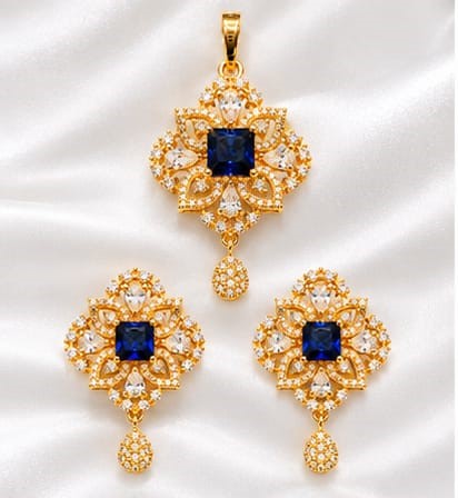 Royal Blue Stone Gold Plated Pendant and Earring Set with White CZ Stones
