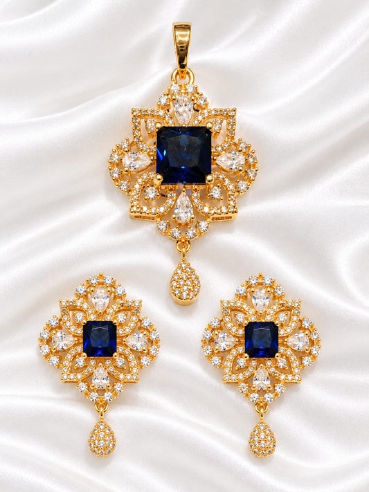 Royal Blue Stone Gold Plated Pendant and Earring Set with White CZ Stones