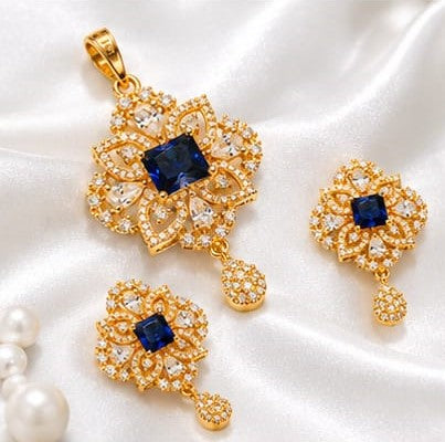 Royal Blue Stone Gold Plated Pendant and Earring Set with White CZ Stones