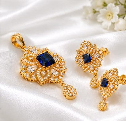 Royal Blue Stone Gold Plated Pendant and Earring Set with White CZ Stones