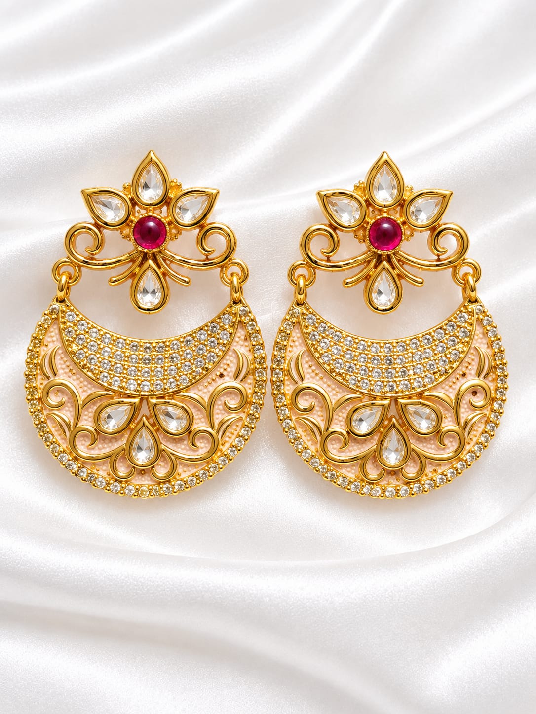 Premium Kundan & Meenakari Crescent Chandbali Earrings with Pink Enamel Accent